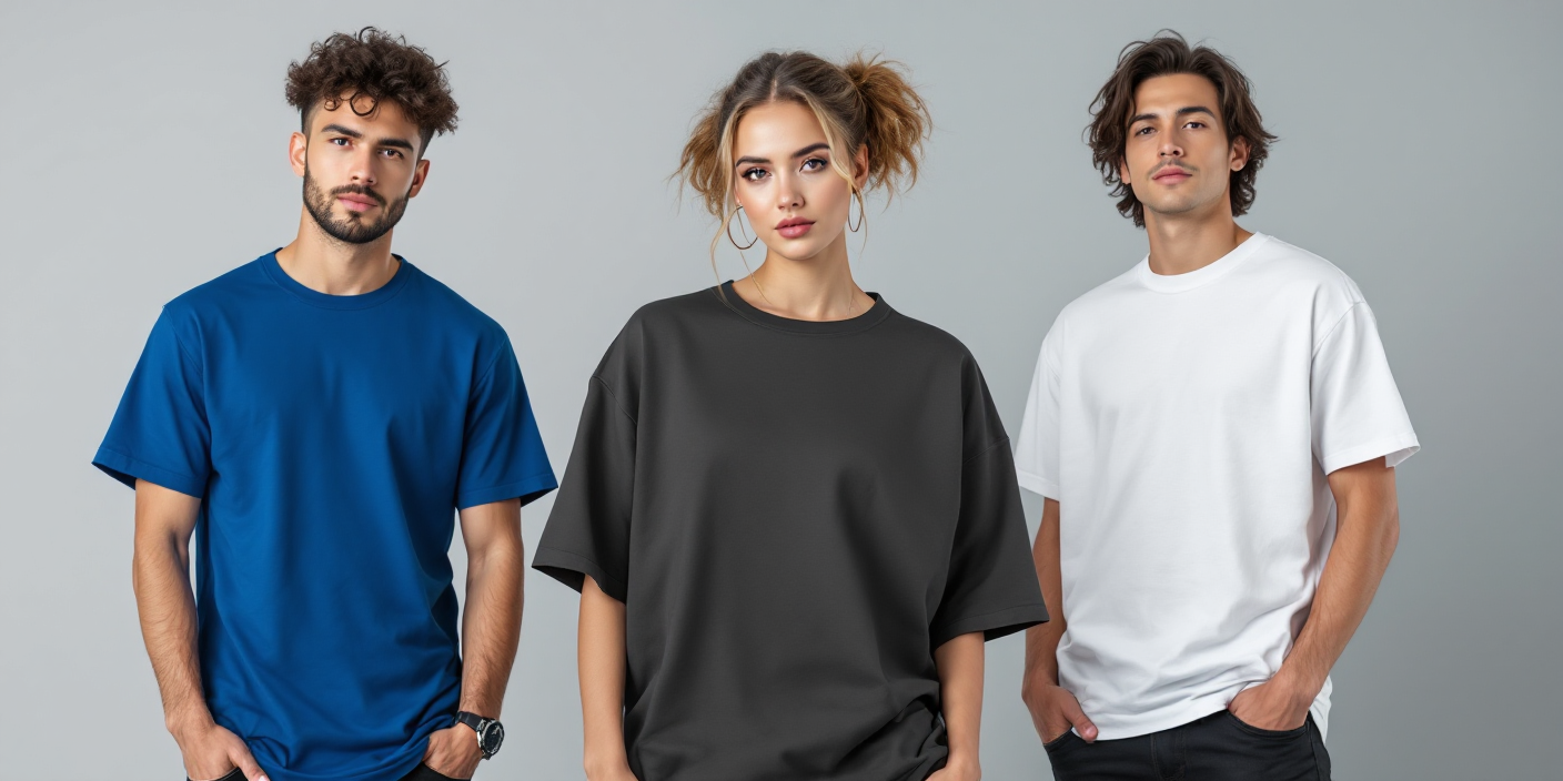 Modern urban fashion models wearing premium t-shirts in professional setting