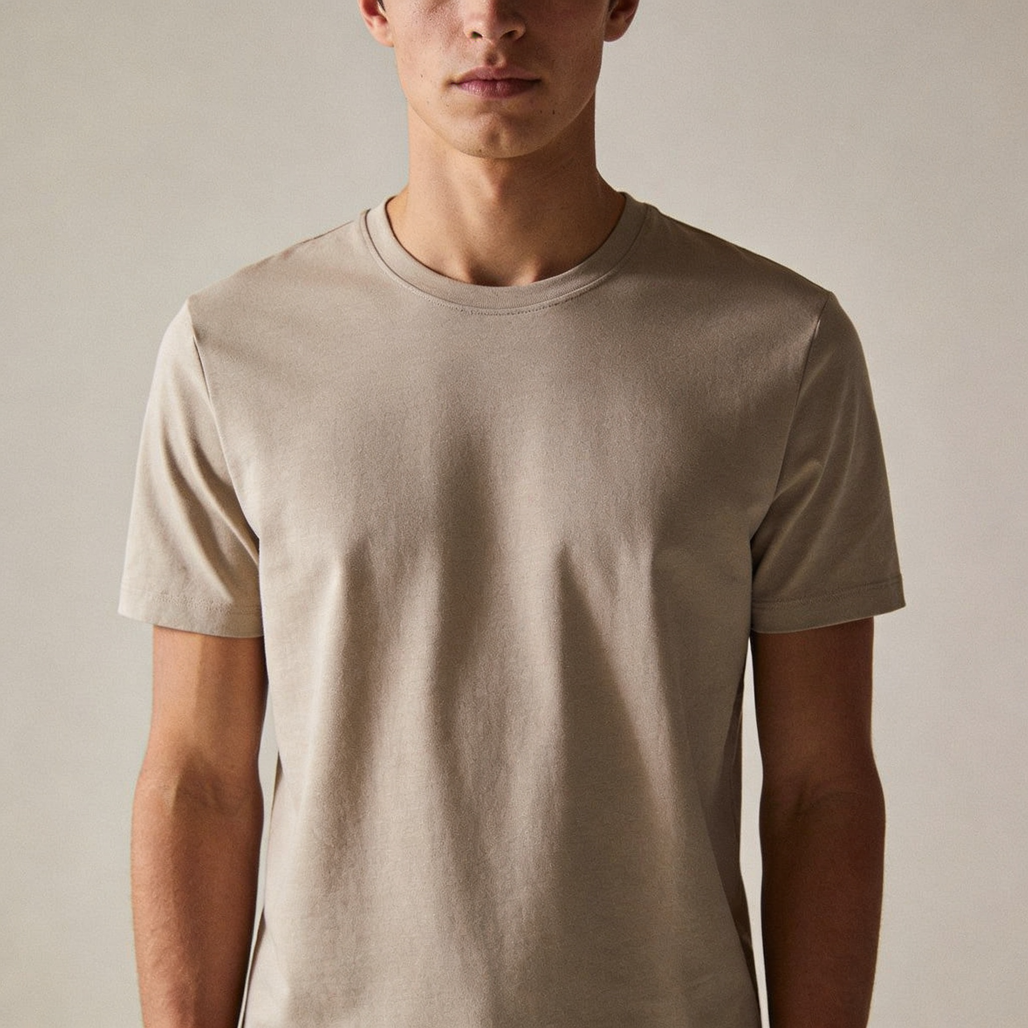 Professional model wearing premium t-shirt in studio setting
